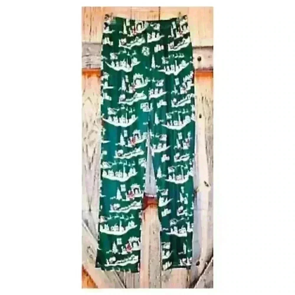 UNISEX Holiday GREEN with SANTA Lounging PJ Pants LIGHTWEIGHT Stretch size Lg